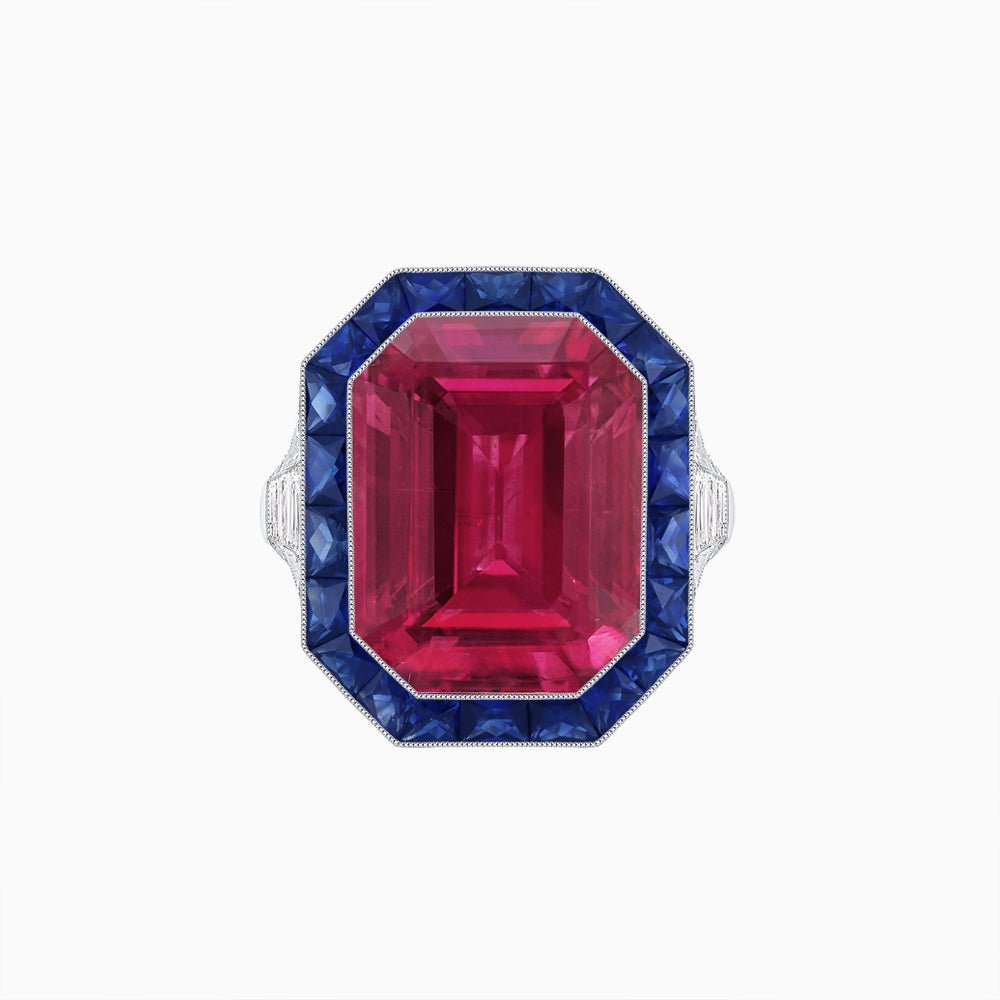 Art Deco Inspired Emerald Cut Ring with Calibré Gemstone Halo - Shahin Jewelry