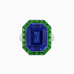 Load image into Gallery viewer, Art Deco Inspired Emerald Cut Ring with Calibré Gemstone Halo - Shahin Jewelry