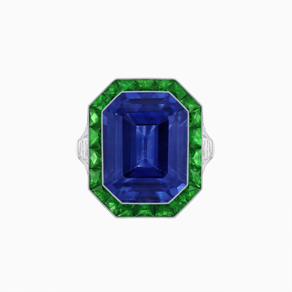 Art Deco Inspired Emerald Cut Ring with Calibré Gemstone Halo - Shahin Jewelry
