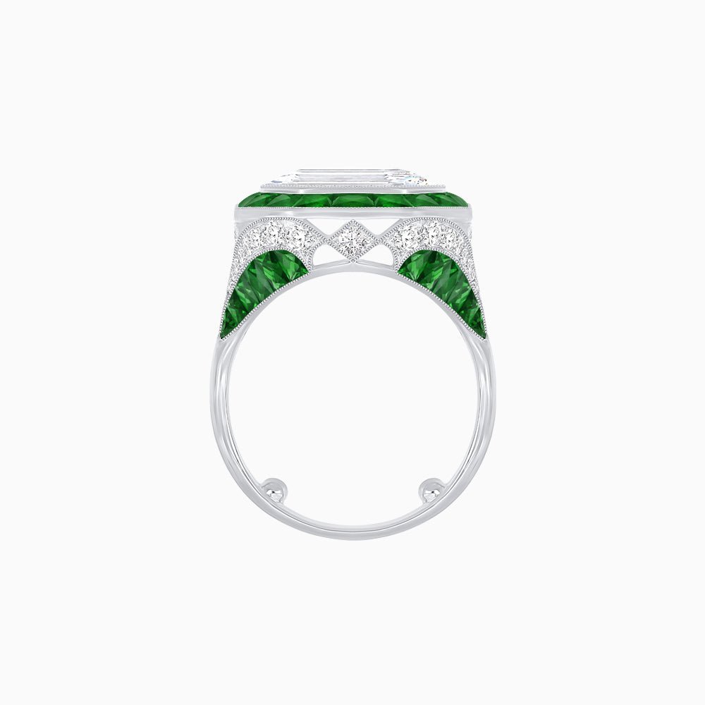 Art Deco Inspired Emerald Cut Ring with Calibré Gemstone Halo - Shahin Jewelry