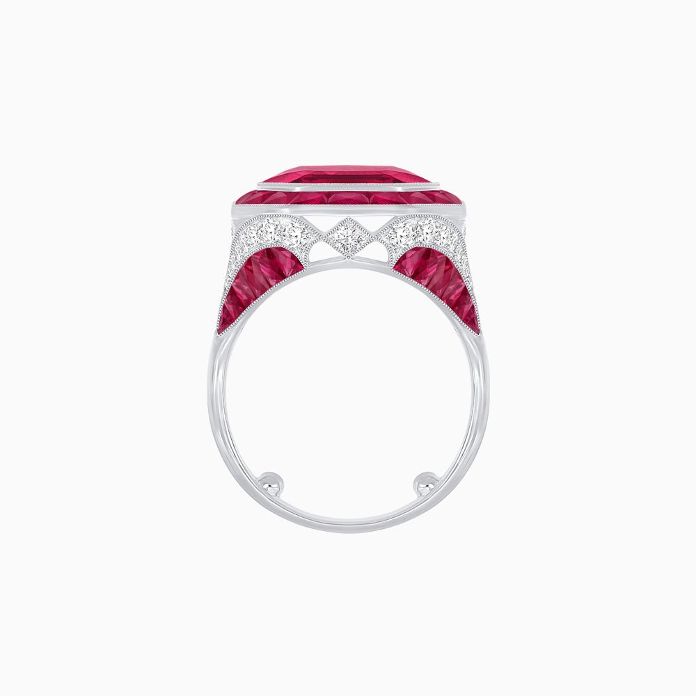 Art Deco Inspired Emerald Cut Ring with Calibré Gemstone Halo - Shahin Jewelry
