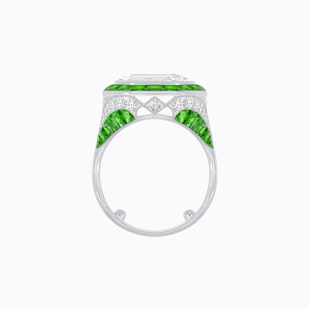Art Deco Inspired Emerald Cut Ring with Calibré Gemstone Halo - Shahin Jewelry
