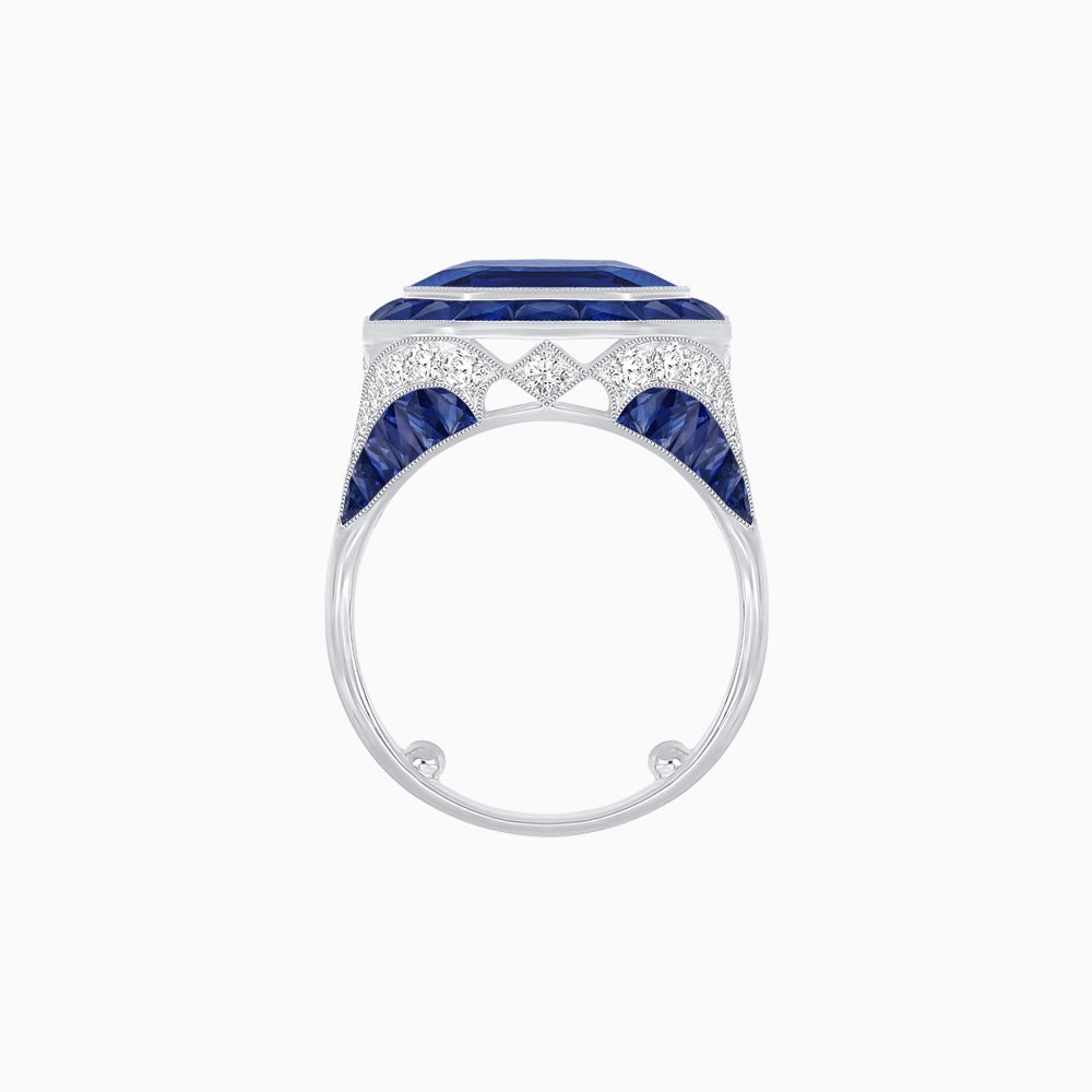 Art Deco Inspired Emerald Cut Ring with Calibré Gemstone Halo - Shahin Jewelry