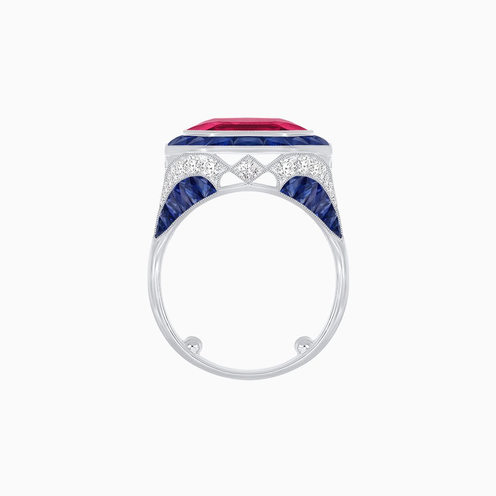 Art Deco Inspired Emerald Cut Ring with Calibré Gemstone Halo - Shahin Jewelry