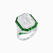 Art Deco Inspired Emerald Cut Ring with Calibré Gemstone Halo - Shahin Jewelry