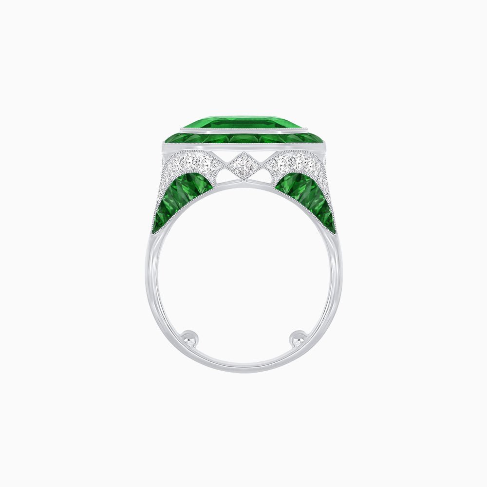 Art Deco Inspired Emerald Cut Ring with Calibré Gemstone Halo - Shahin Jewelry