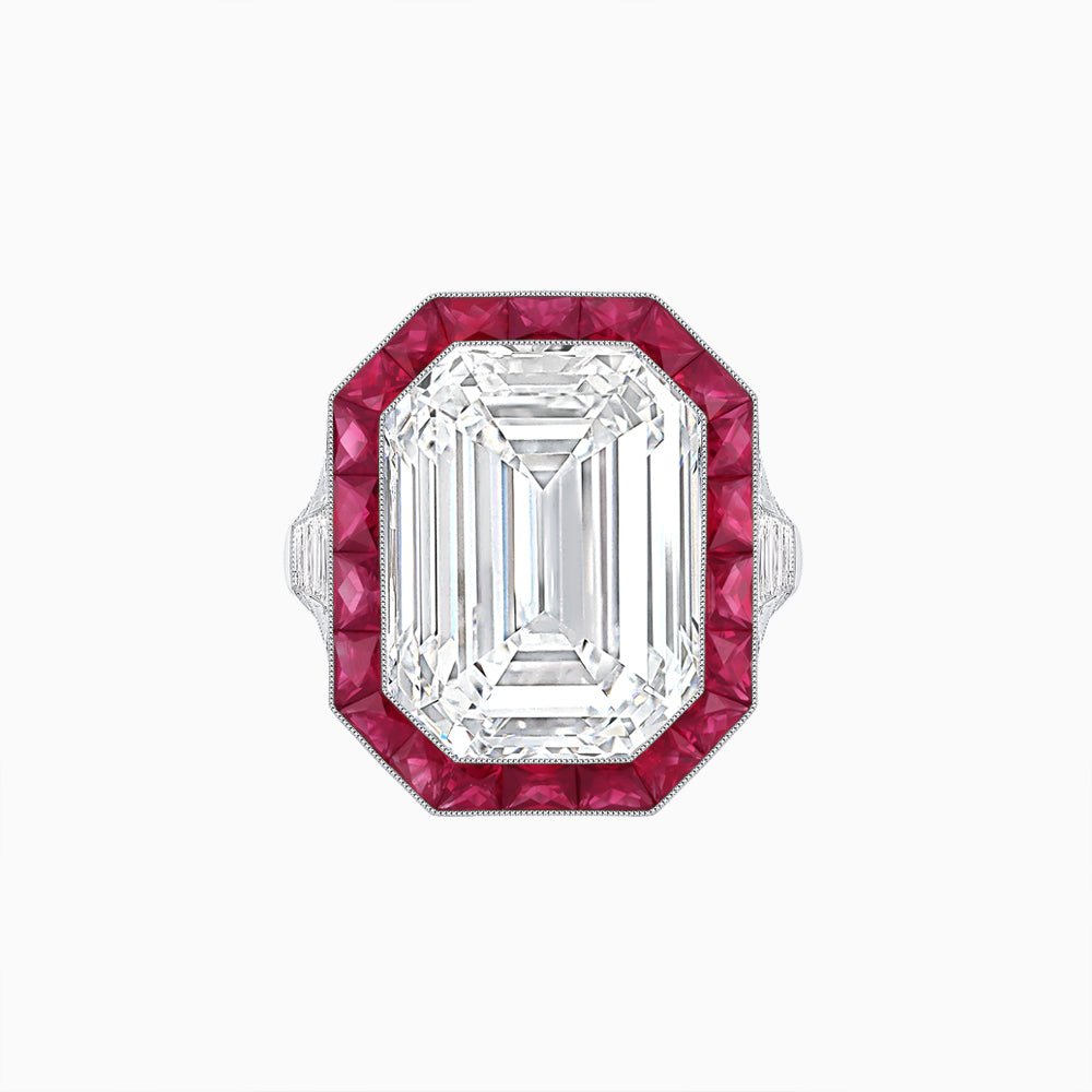 Art Deco Inspired Emerald Cut Ring with Calibré Gemstone Halo - Shahin Jewelry
