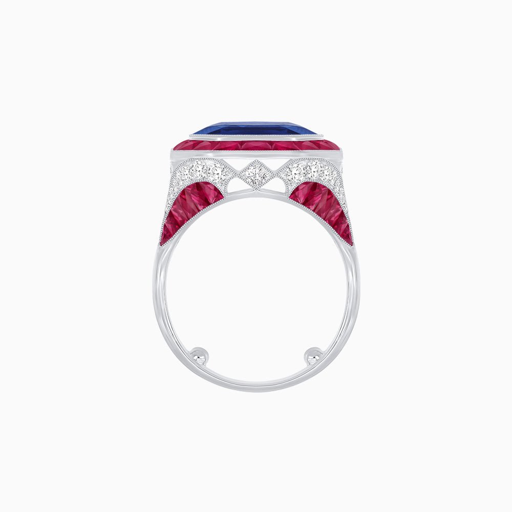 Art Deco Inspired Emerald Cut Ring with Calibré Gemstone Halo - Shahin Jewelry