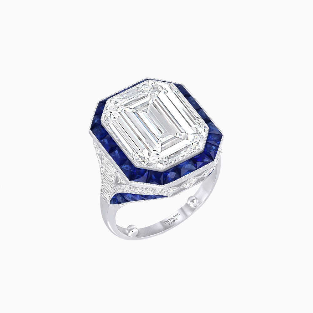 Art Deco Inspired Emerald Cut Ring with Calibré Gemstone Halo - Shahin Jewelry