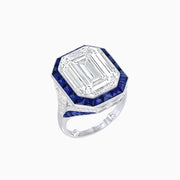 Art Deco Inspired Emerald Cut Ring with Calibré Gemstone Halo - Shahin Jewelry