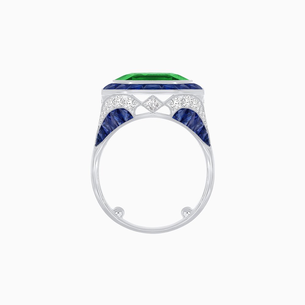 Art Deco Inspired Emerald Cut Ring with Calibré Gemstone Halo - Shahin Jewelry