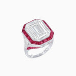 Load image into Gallery viewer, Art Deco Inspired Emerald Cut Ring with Calibré Gemstone Halo - Shahin Jewelry