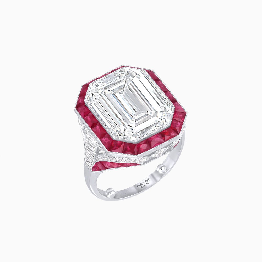 Art Deco Inspired Emerald Cut Ring with Calibré Gemstone Halo - Shahin Jewelry