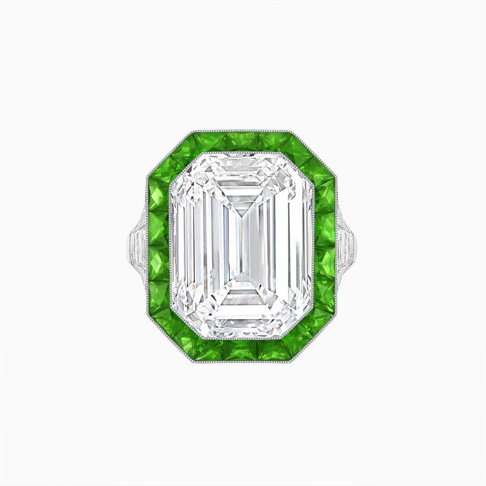 Art Deco Inspired Emerald Cut Ring with Calibré Gemstone Halo - Shahin Jewelry