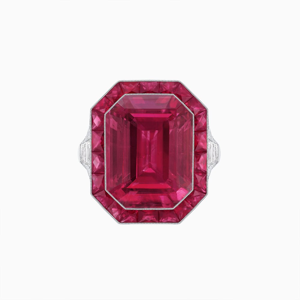 Art Deco Inspired Emerald Cut Ring with Calibré Gemstone Halo - Shahin Jewelry