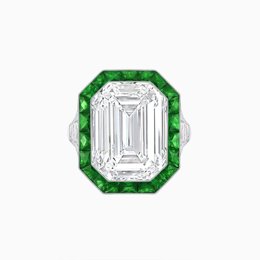 Art Deco Inspired Emerald Cut Ring with Calibré Gemstone Halo - Shahin Jewelry