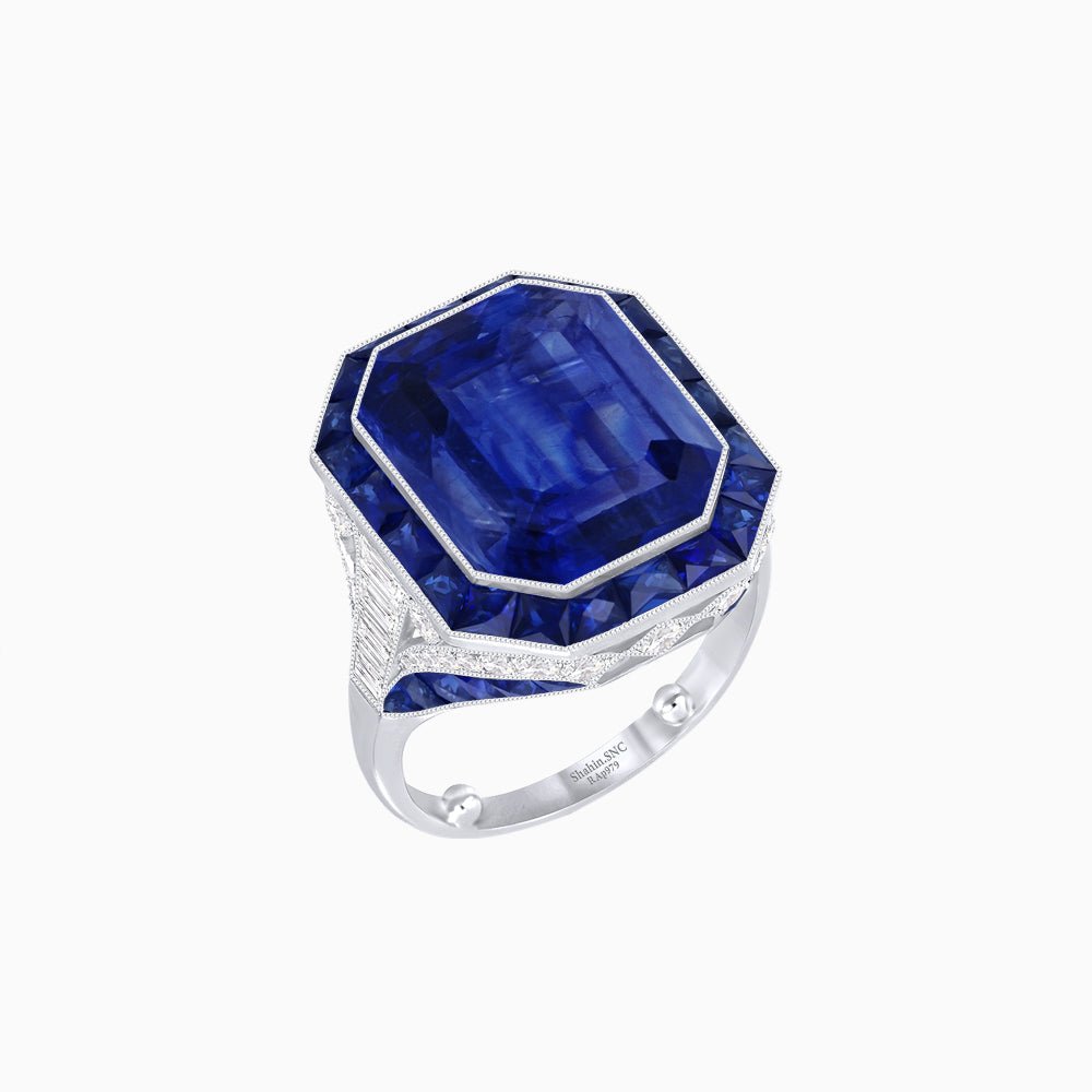 Art Deco Inspired Emerald Cut Ring with Calibré Gemstone Halo - Shahin Jewelry