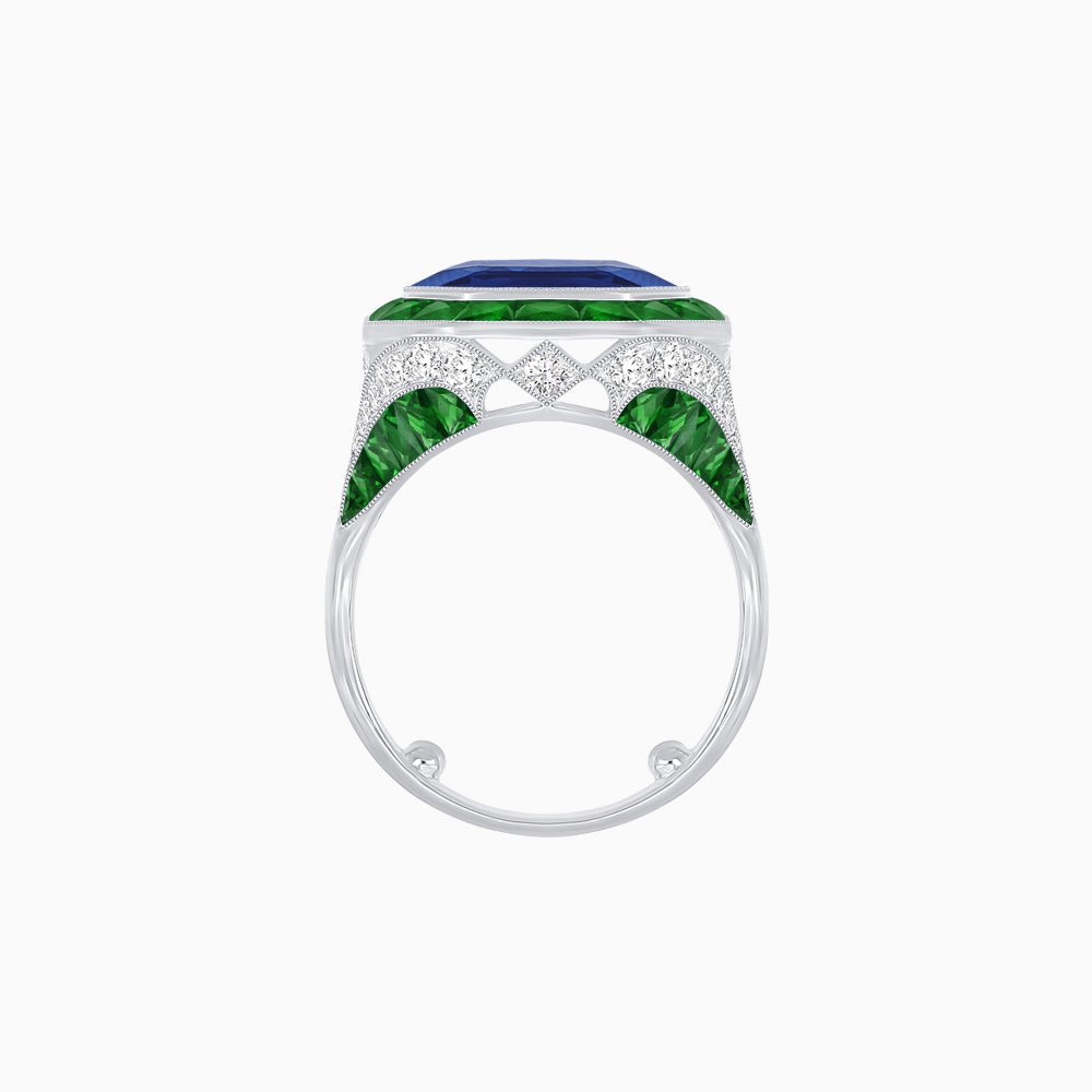 Art Deco Inspired Emerald Cut Ring with Calibré Gemstone Halo - Shahin Jewelry
