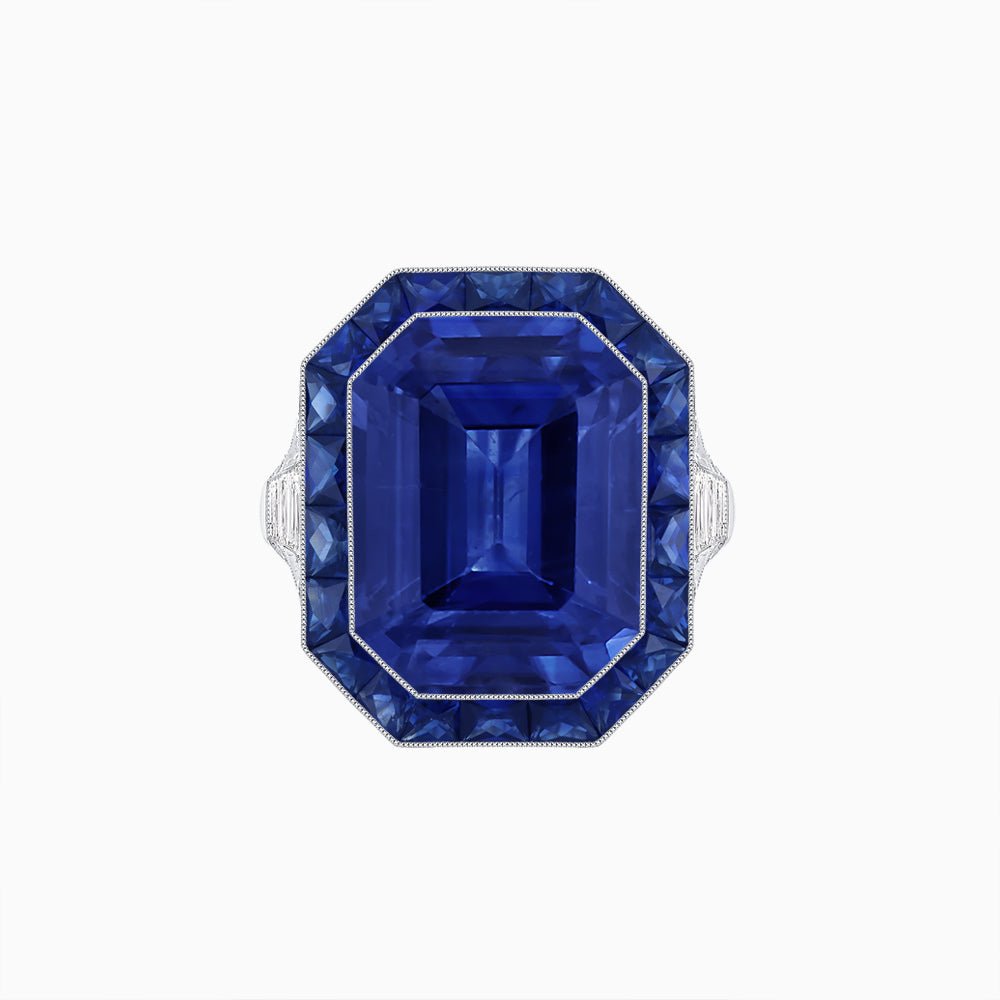 Art Deco Inspired Emerald Cut Ring with Calibré Gemstone Halo - Shahin Jewelry