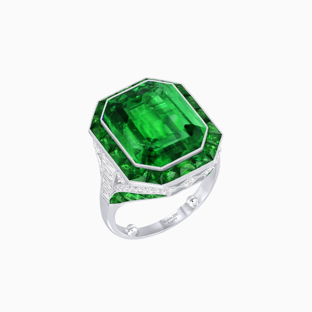 Art Deco Inspired Emerald Cut Ring with Calibré Gemstone Halo - Shahin Jewelry