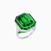 Art Deco Inspired Emerald Cut Ring with Calibré Gemstone Halo - Shahin Jewelry