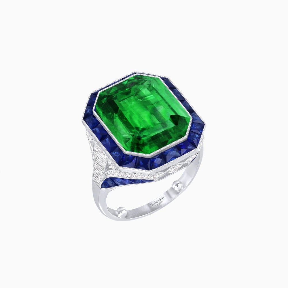 Art Deco Inspired Emerald Cut Ring with Calibré Gemstone Halo - Shahin Jewelry
