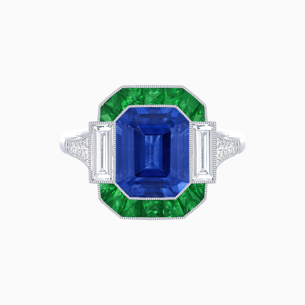 Art Deco Inspired Emerald Cut Ring with Customizable French - Cut Gemstone Accents - Shahin Jewelry