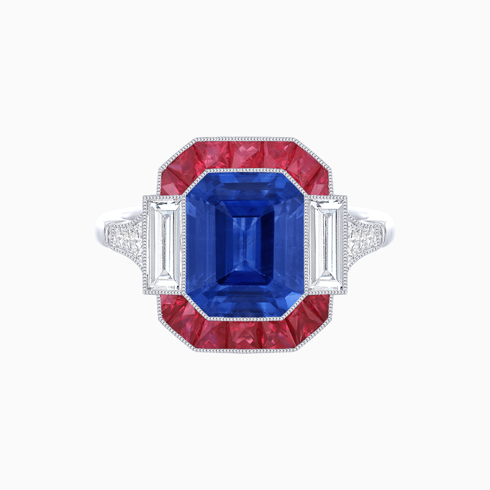 Art Deco Inspired Emerald Cut Ring with Customizable French - Cut Gemstone Accents - Shahin Jewelry