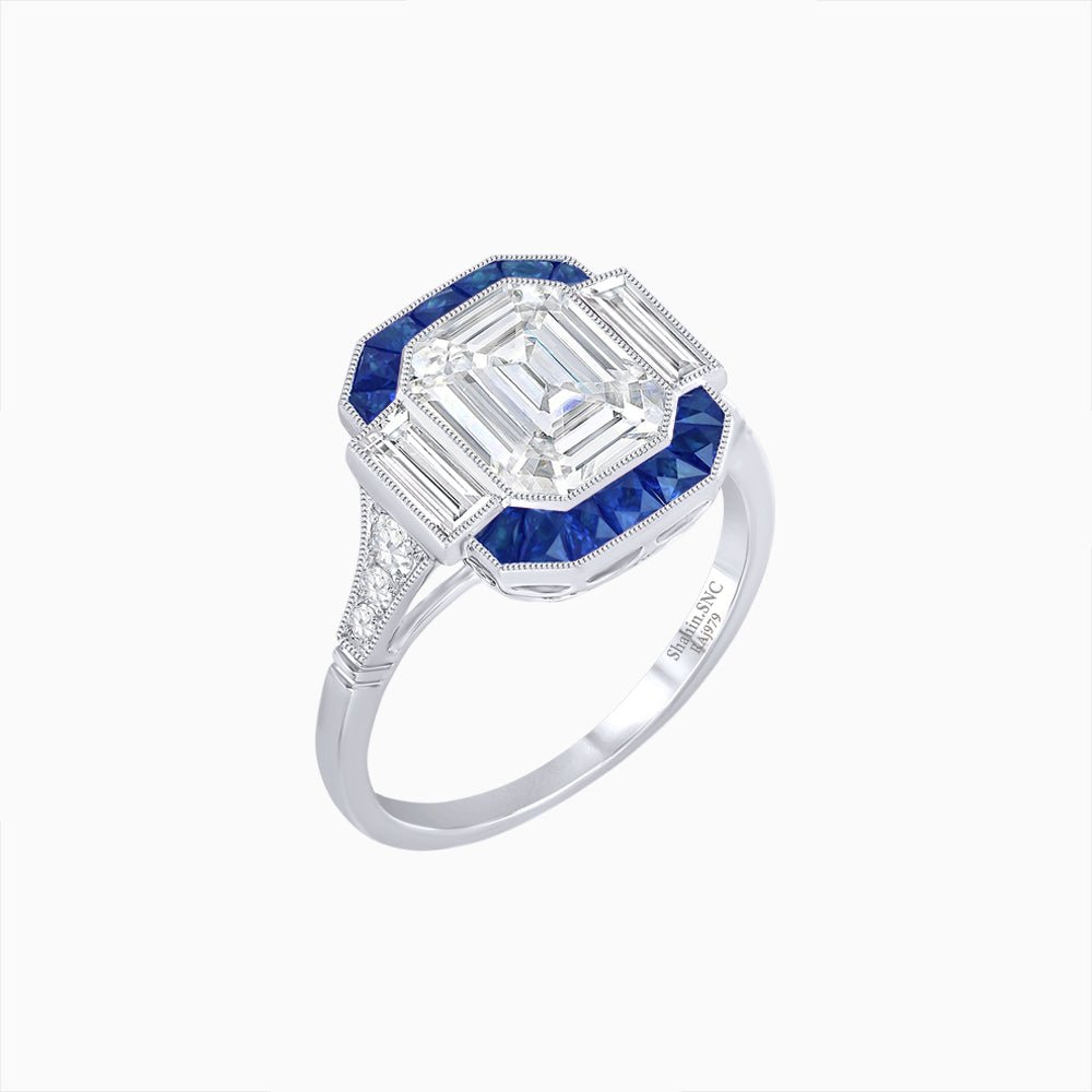 Art Deco Inspired Emerald Cut Ring with Customizable French - Cut Gemstone Accents - Shahin Jewelry