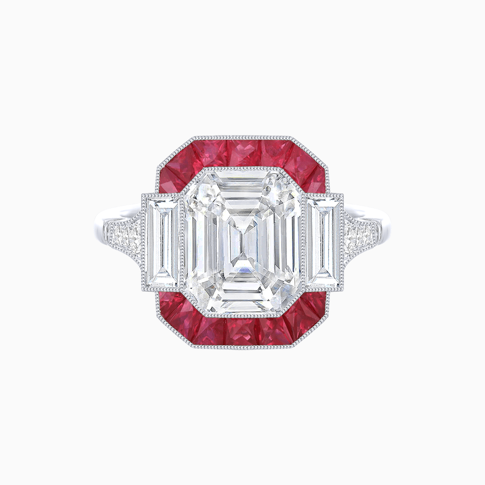 Art Deco Inspired Emerald Cut Ring with Customizable French - Cut Gemstone Accents - Shahin Jewelry