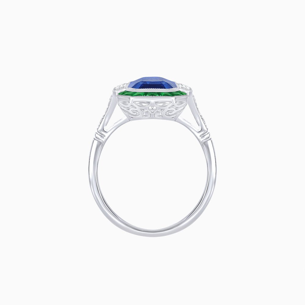 Art Deco Inspired Emerald Cut Ring with Customizable French - Cut Gemstone Accents - Shahin Jewelry