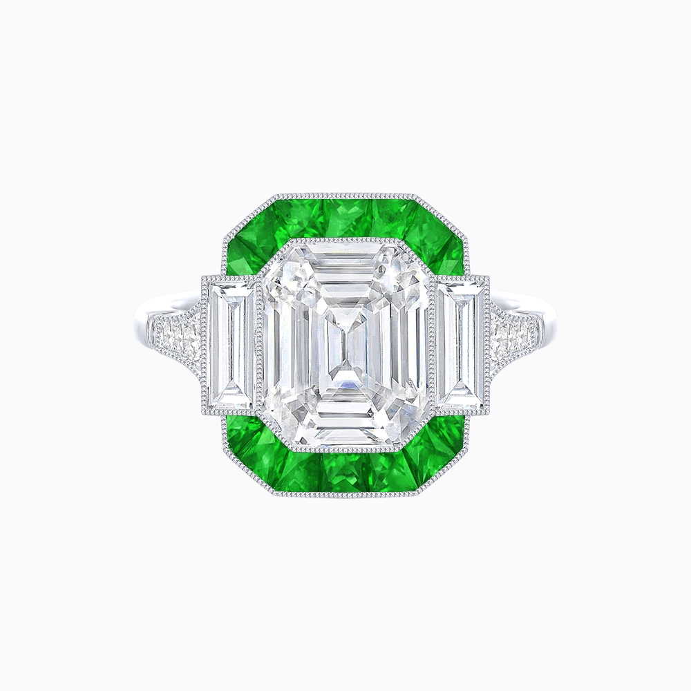 Art Deco Inspired Emerald Cut Ring with Customizable French - Cut Gemstone Accents - Shahin Jewelry