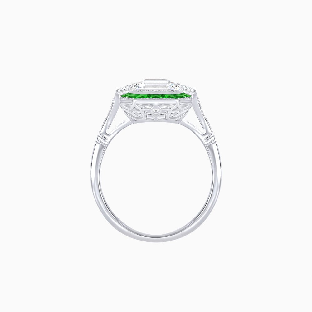 Art Deco Inspired Emerald Cut Ring with Customizable French - Cut Gemstone Accents - Shahin Jewelry