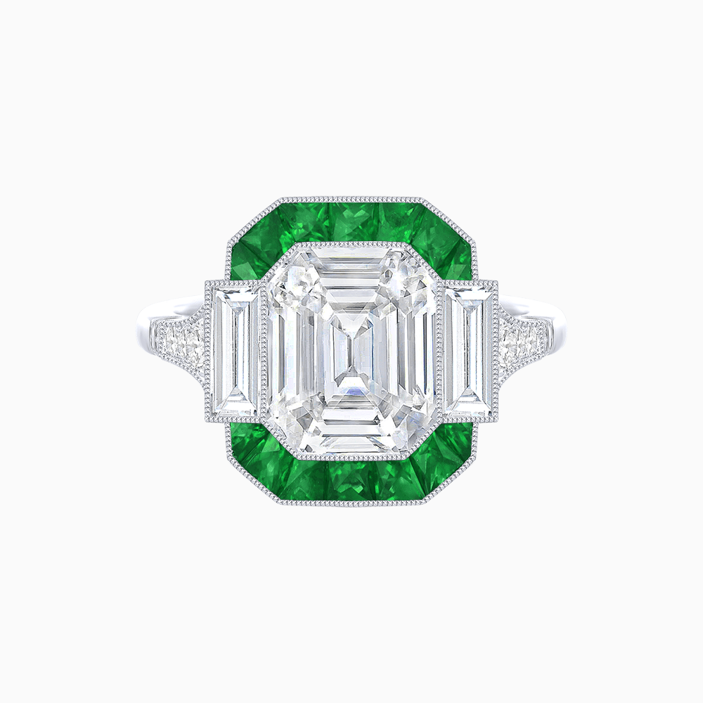 Art Deco Inspired Emerald Cut Ring with Customizable French - Cut Gemstone Accents - Shahin Jewelry