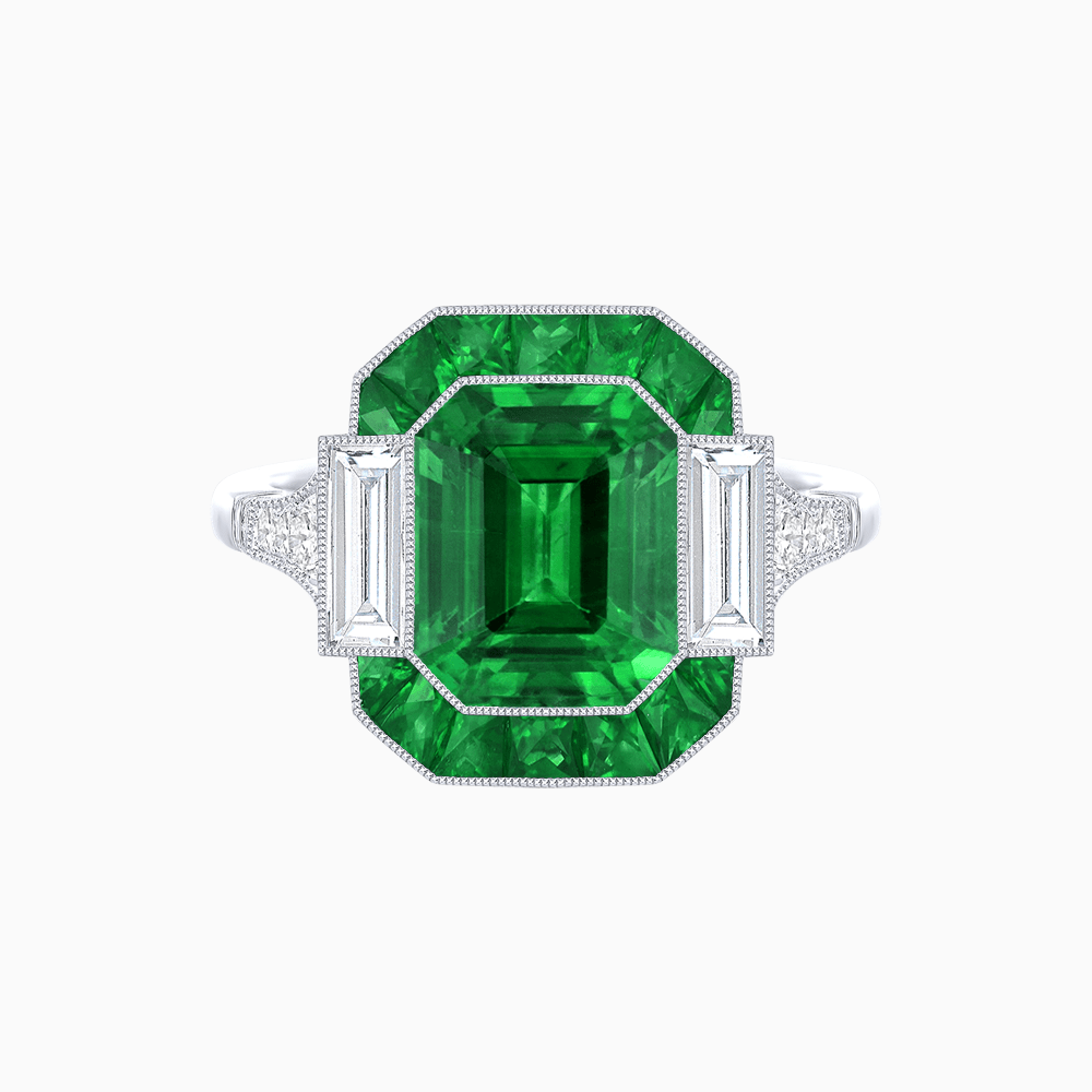 Art Deco Inspired Emerald Cut Ring with Customizable French - Cut Gemstone Accents - Shahin Jewelry