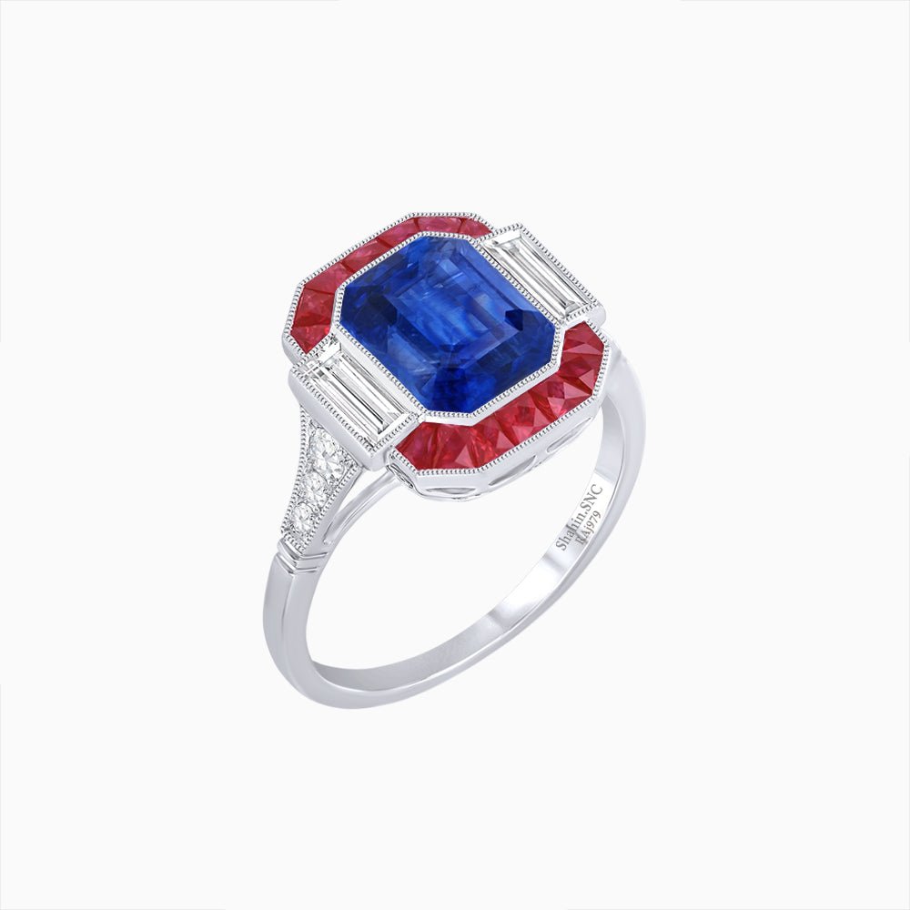 Art Deco Inspired Emerald Cut Ring with Customizable French - Cut Gemstone Accents - Shahin Jewelry