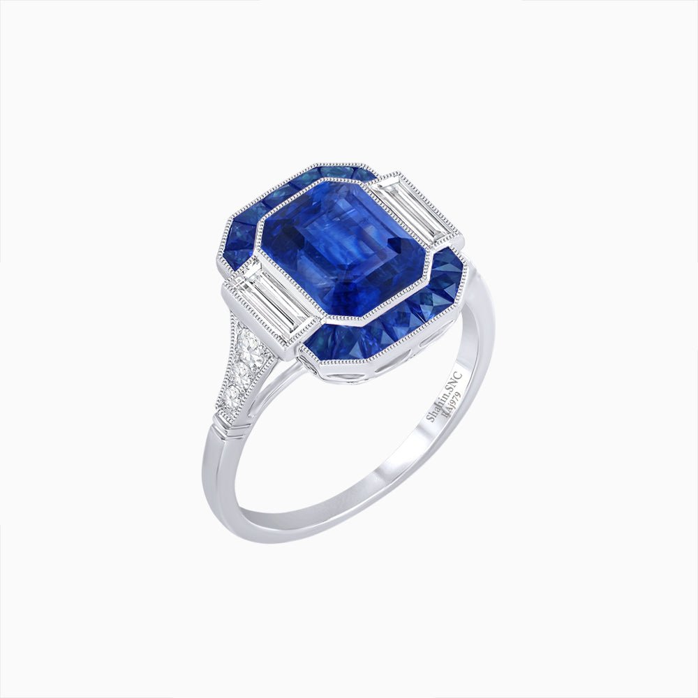Art Deco Inspired Emerald Cut Ring with Customizable French - Cut Gemstone Accents - Shahin Jewelry
