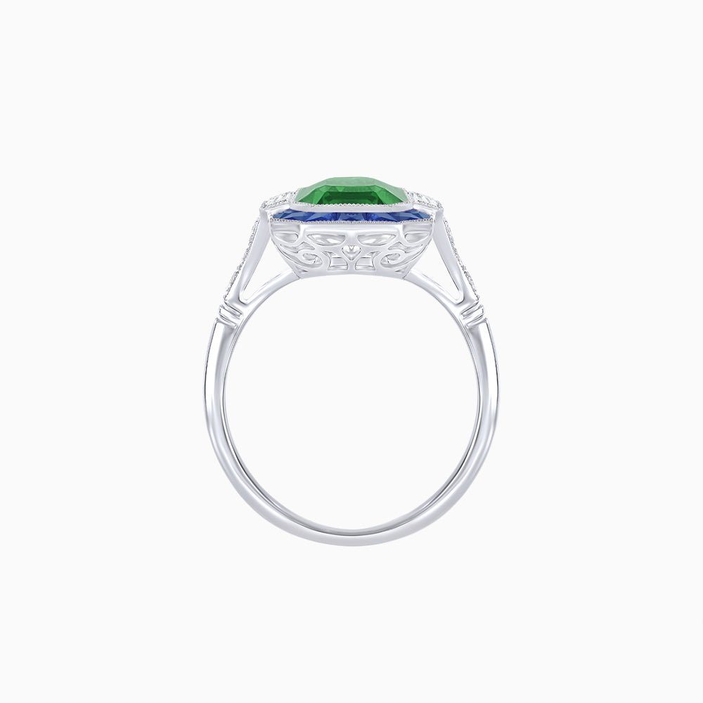 Art Deco Inspired Emerald Cut Ring with Customizable French - Cut Gemstone Accents - Shahin Jewelry
