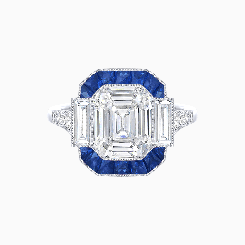 Art Deco Inspired Emerald Cut Ring with Customizable French - Cut Gemstone Accents - Shahin Jewelry