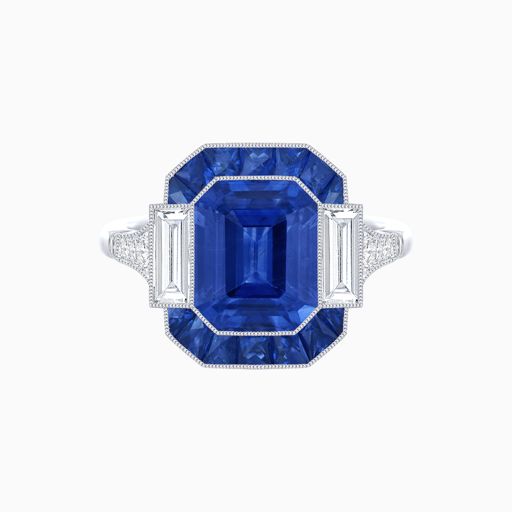 Art Deco Inspired Emerald Cut Ring with Customizable French - Cut Gemstone Accents - Shahin Jewelry