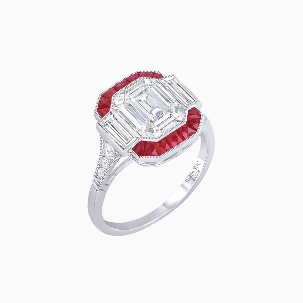 Art Deco Inspired Emerald Cut Ring with Customizable French - Cut Gemstone Accents - Shahin Jewelry