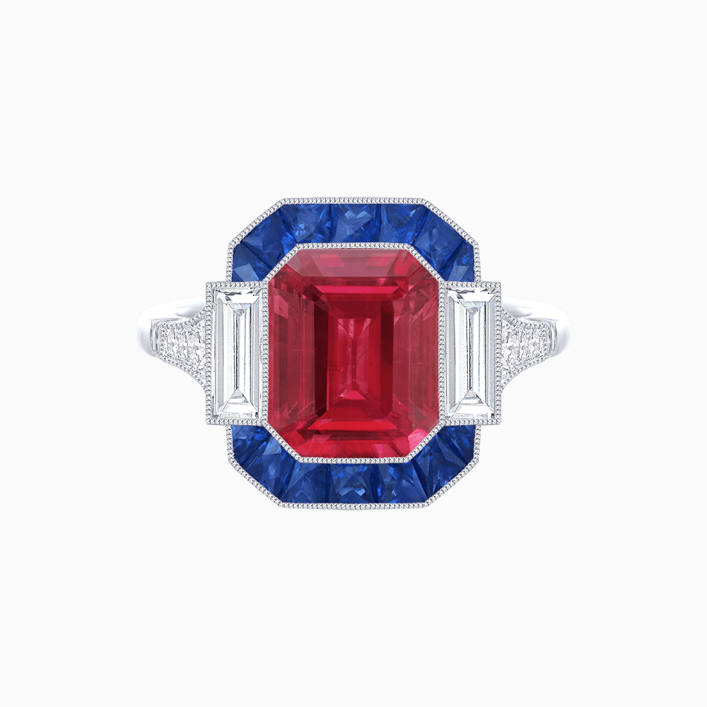 Art Deco Inspired Emerald Cut Ring with Customizable French - Cut Gemstone Accents - Shahin Jewelry