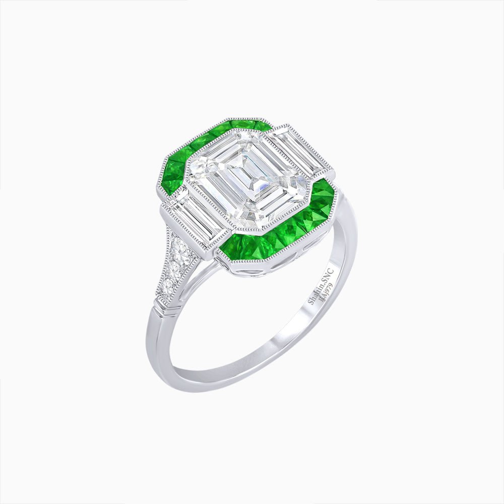 Art Deco Inspired Emerald Cut Ring with Customizable French - Cut Gemstone Accents - Shahin Jewelry