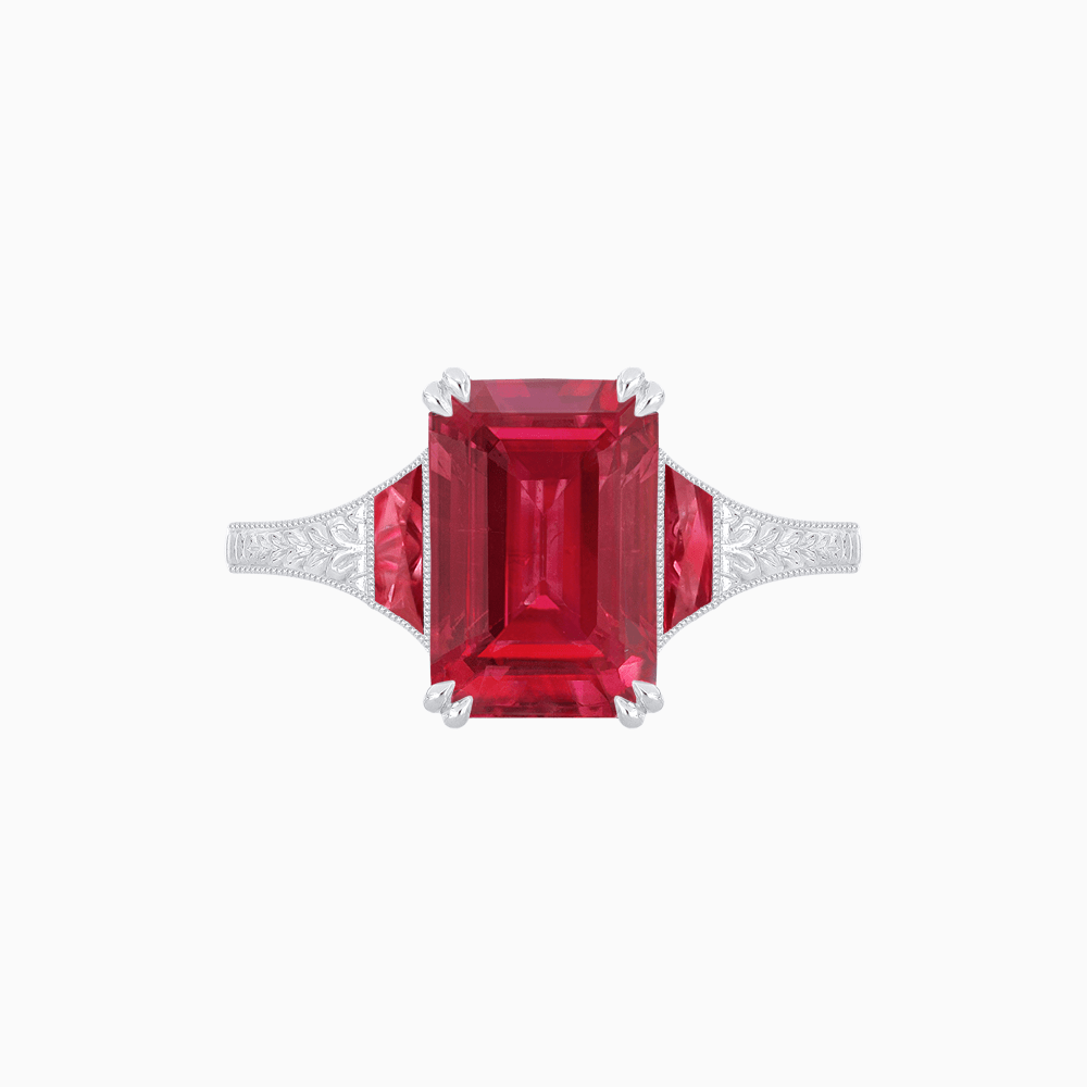 Art Deco Inspired Emerald Cut Ring with Customizable Gemstones and Hand - Engraved Shank - Shahin Jewelry