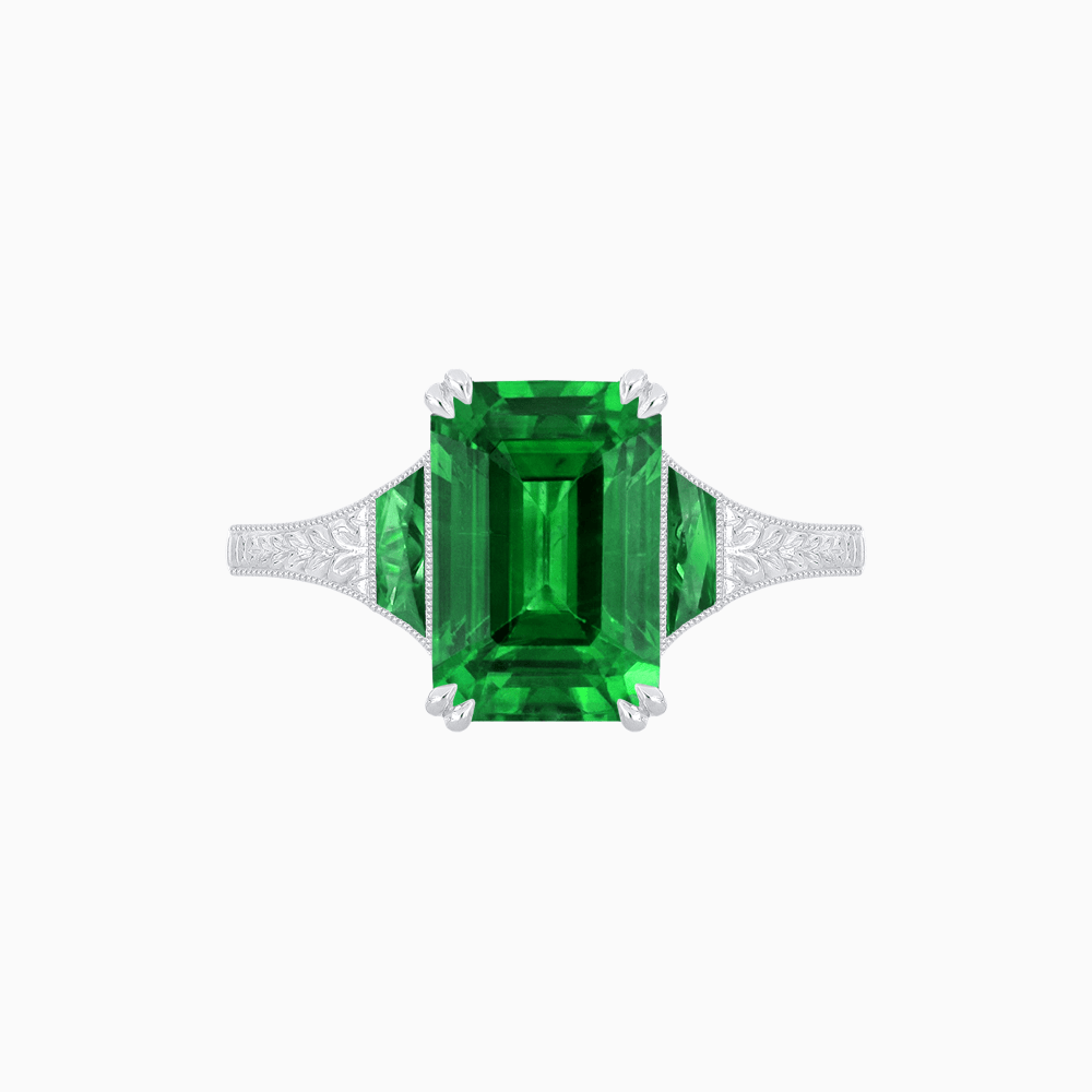 Art Deco Inspired Emerald Cut Ring with Customizable Gemstones and Hand - Engraved Shank - Shahin Jewelry