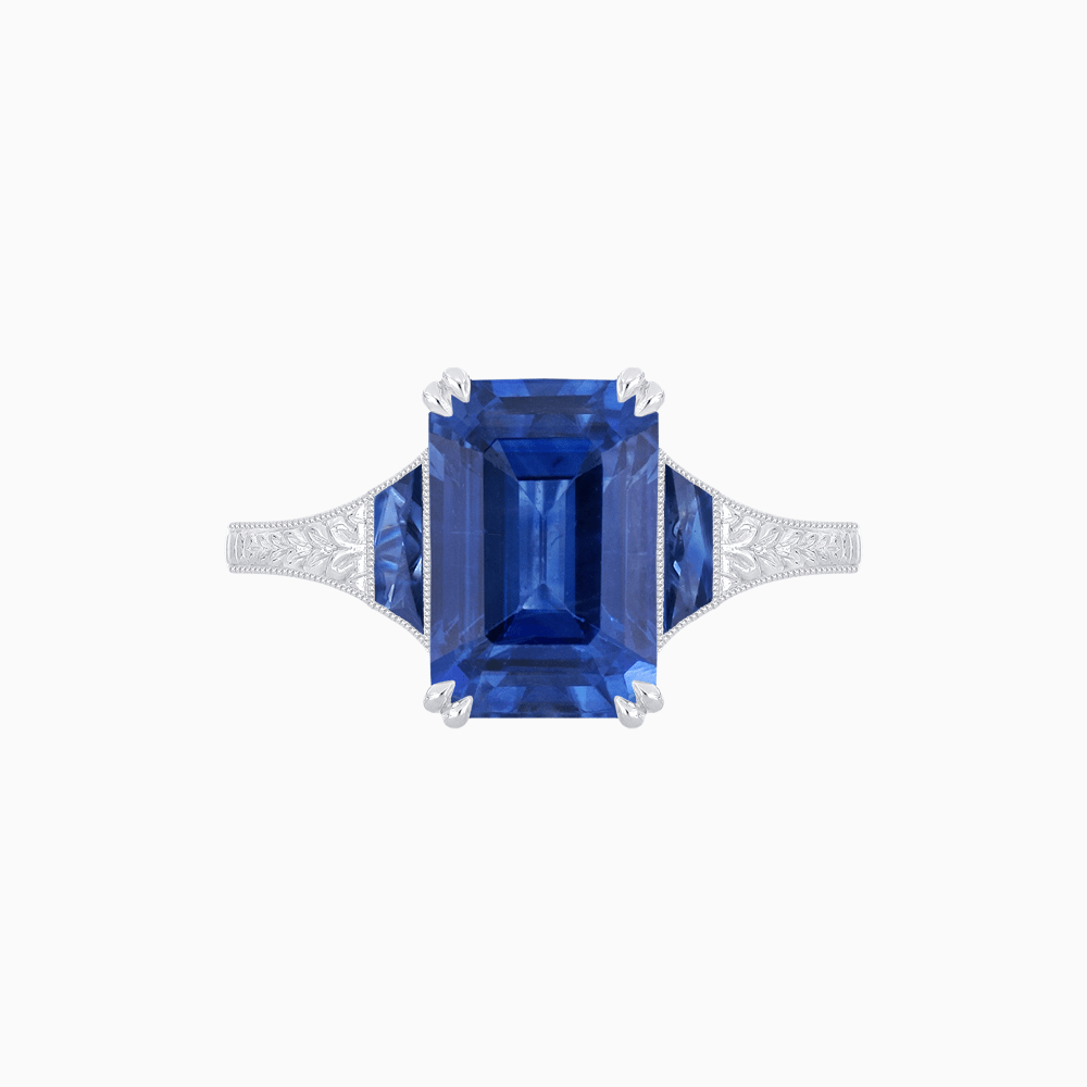 Art Deco Inspired Emerald Cut Ring with Customizable Gemstones and Hand - Engraved Shank - Shahin Jewelry