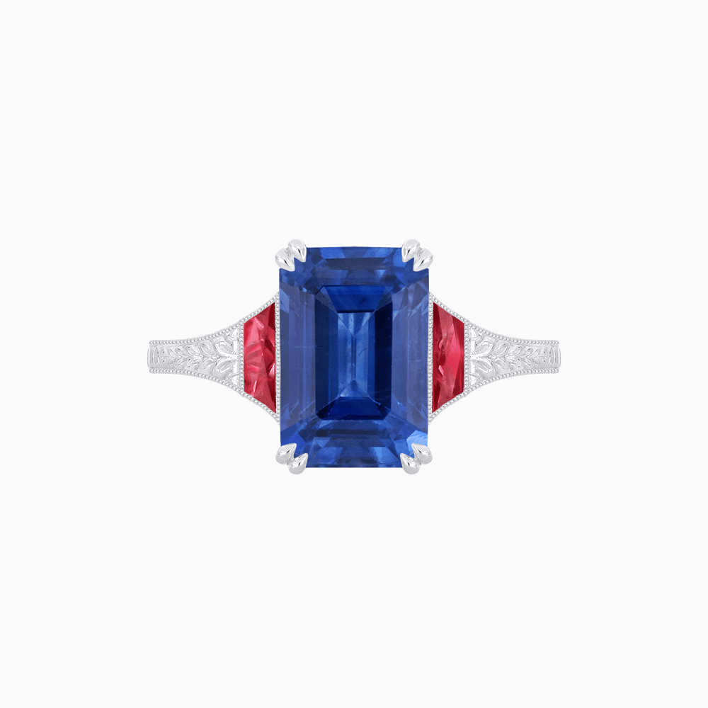 Art Deco Inspired Emerald Cut Ring with Customizable Gemstones and Hand - Engraved Shank - Shahin Jewelry