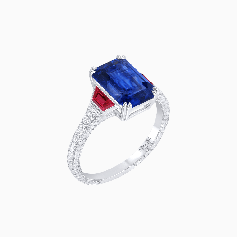 Art Deco Inspired Emerald Cut Ring with Customizable Gemstones and Hand - Engraved Shank - Shahin Jewelry