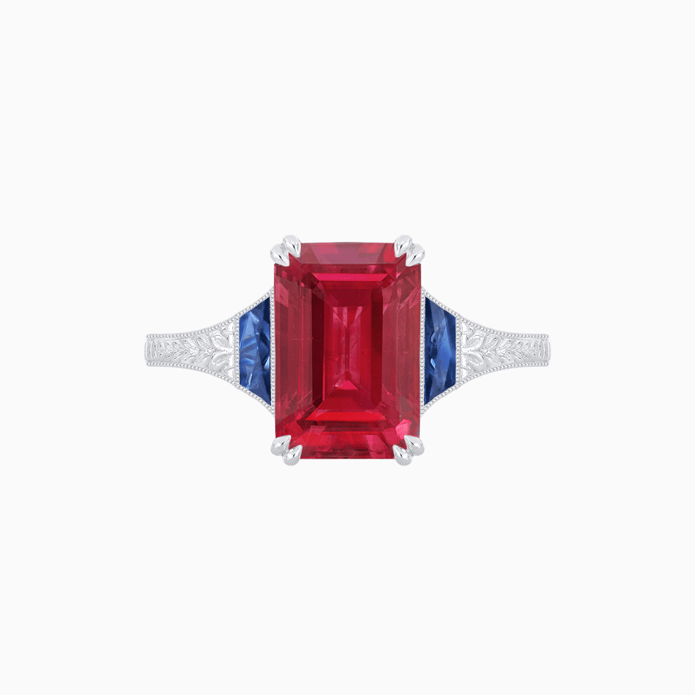Art Deco Inspired Emerald Cut Ring with Customizable Gemstones and Hand - Engraved Shank - Shahin Jewelry