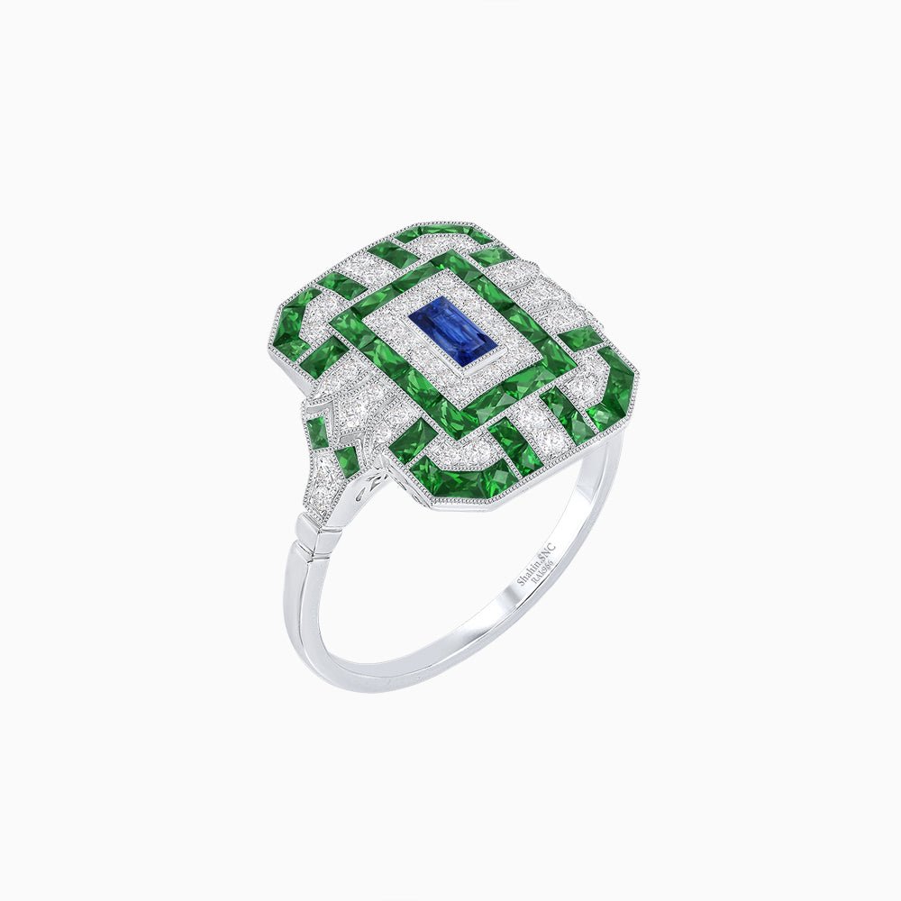 Art Deco Inspired Emerald Cut Ring with Diamonds and Gemstones - Shahin Jewelry